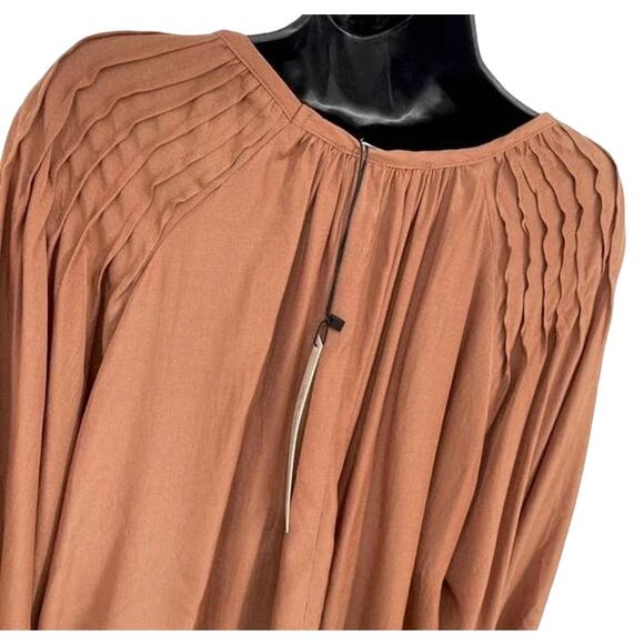 Mustard Seed Peasant Blouse Medium Mocha NEW Lace Up Neckline Pintuck Flowy Boho - Picture 3 of 7